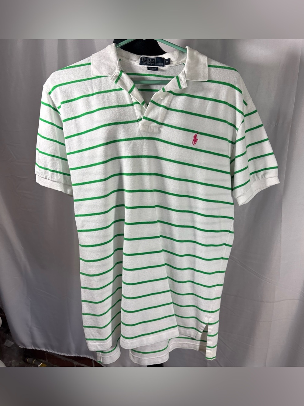 Ralph Lauren White Polo with Green Stripes and Pink Pony men’s Medium Shirt